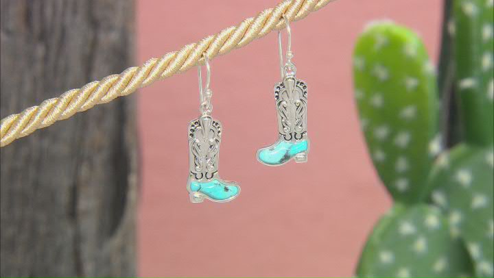 Blue Turquoise Rhodium Over Sterling Silver Cowboy Boot Earrings Video Thumbnail