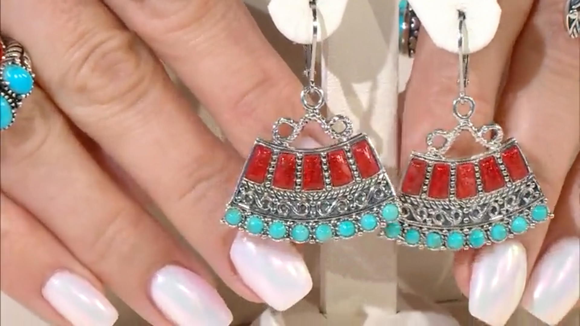 Blue Turquoise and Red Sponge Coral Dangle Earrings Video Thumbnail