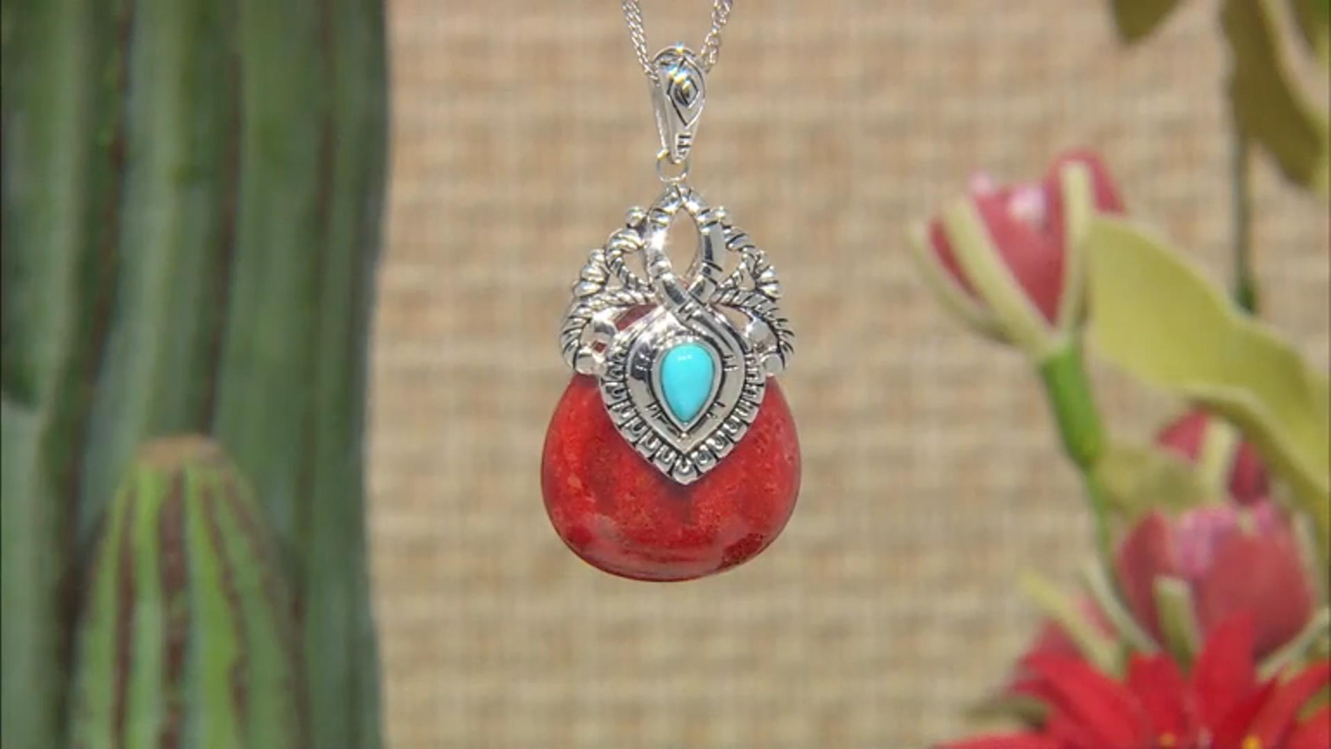 Blue Sleeping Beauty Turquoise and Red Coral Rhodium Over Silver Pendant with 18" Chain Video Thumbnail