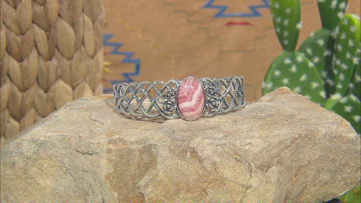 Pink Rhodochrosite Rhodium Over Sterling Silver Cuff Video Thumbnail