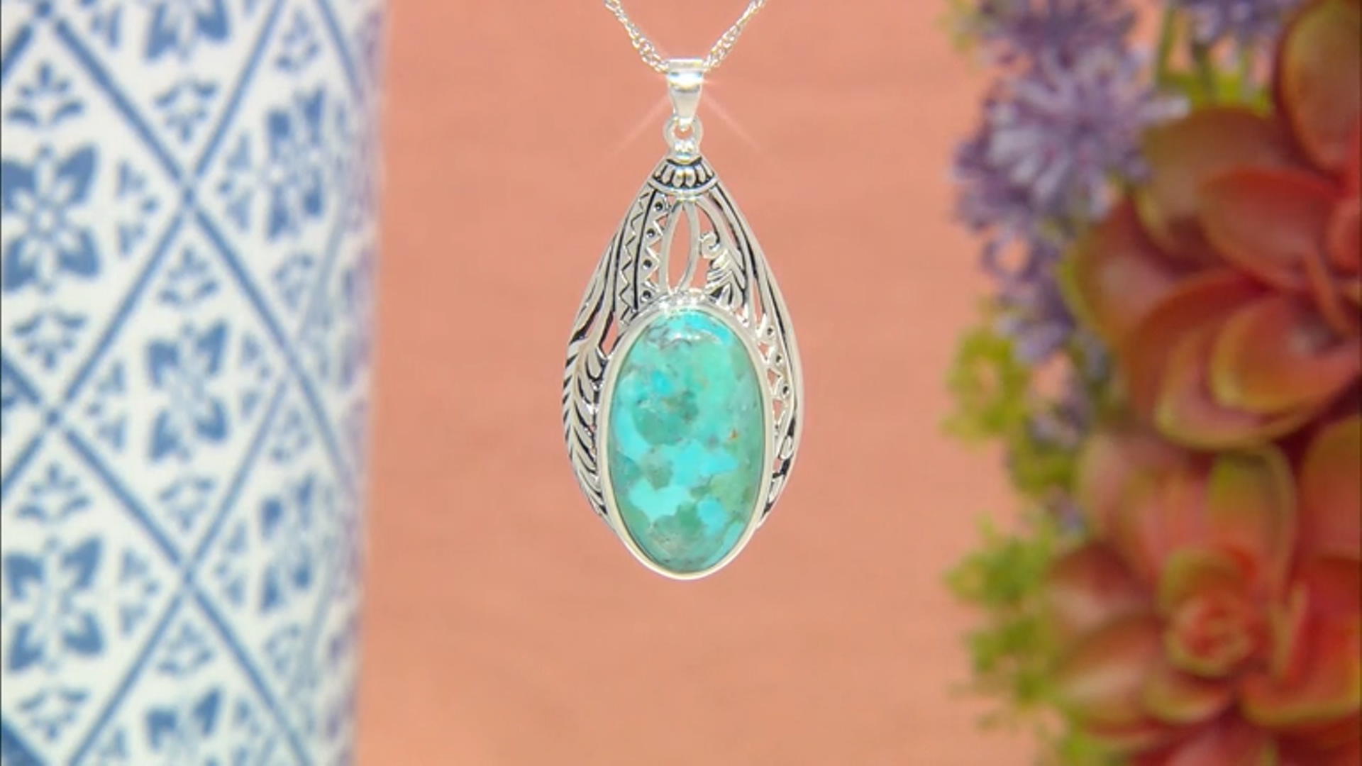 Blue Turquoise Rhodium Over Sterling Silver Pendant with 18" Chain Video Thumbnail