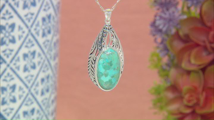 Blue Turquoise Rhodium Over Sterling Silver Pendant with 18" Chain