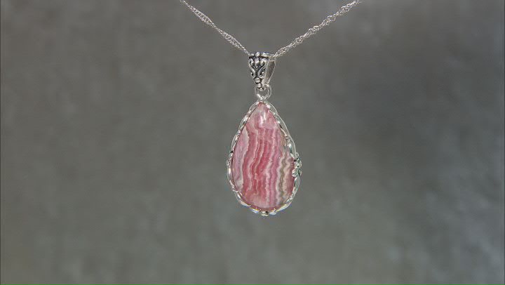 Pear Shaped Rhodochrosite Rhodium Over Silver Pendant with Chain Video Thumbnail