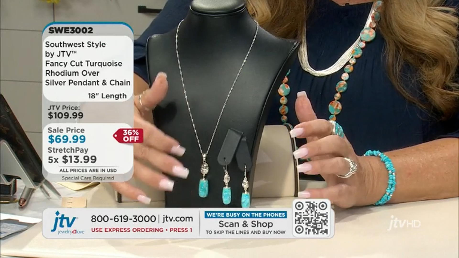 Fancy Cut Turquoise Rhodium Over Sterling Silver Drop Pendant with 18" Chain Video Thumbnail