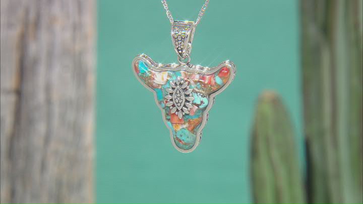 Blended Turquoise And Spiny Oyster Shell Rhodium Over Silver Bull Enhancer with Chain Video Thumbnail