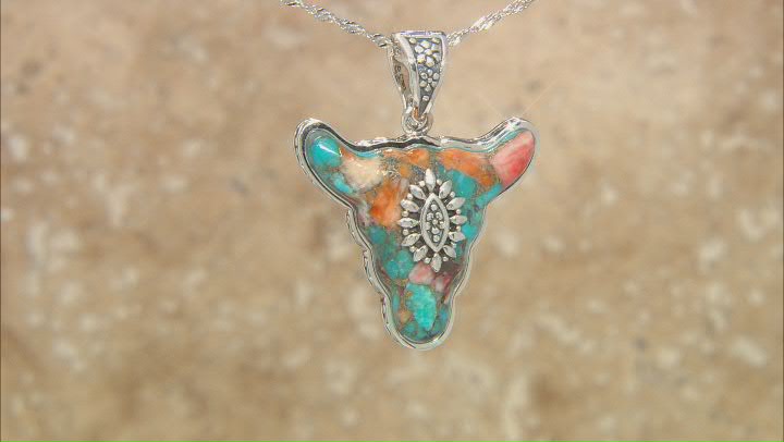 Blended Turquoise And Spiny Oyster Shell Rhodium Over Silver Bull Enhancer with Chain Video Thumbnail