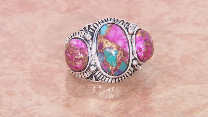 Blended Turquoise and Purple Spiny Oyster Rhodium Over Silver 3-Stone Ring Video Thumbnail