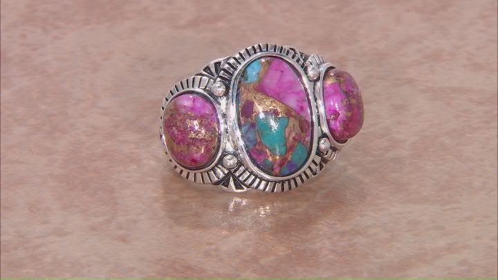 Blended Turquoise and Purple Spiny Oyster Rhodium Over Silver 3-Stone Ring Video Thumbnail