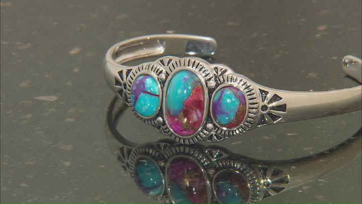 Blended Purple Spiny Oyster and Turquoise Rhodium Over Silver 3-Stone Cuff Video Thumbnail