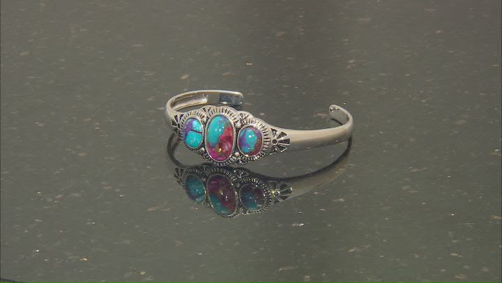 Blended Purple Spiny Oyster and Turquoise Rhodium Over Silver 3-Stone Cuff Video Thumbnail