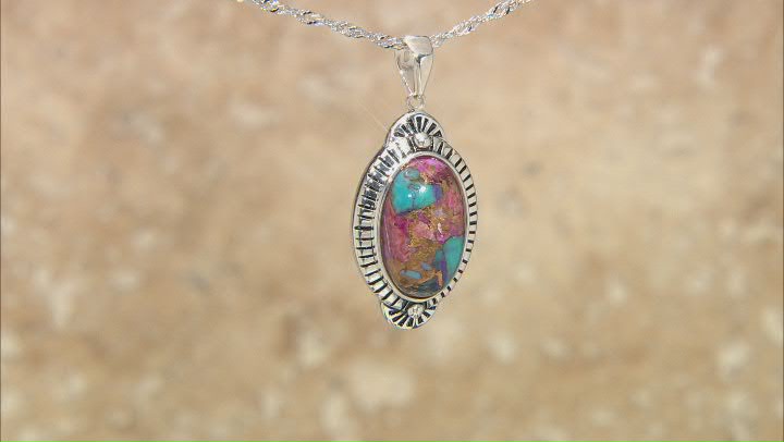 Blended Turquoise and Purple Oyster Shell Rhodium Over Silver Pendant with 18" Chain Video Thumbnail