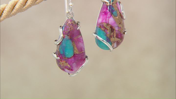 Blended Turquoise and Purple Spiny Oyster Shell Rhodium Over Silver Earrings Video Thumbnail