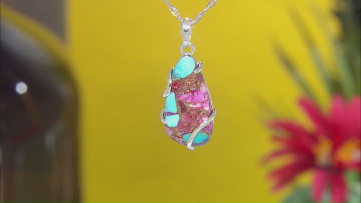 Blended Turquoise and Purple Spiny Oyster Rhodium Over Silver Pendant with 18" Chain Video Thumbnail