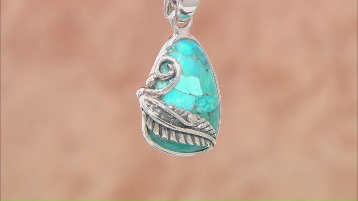 Blue Turquoise Leaf Design Rhodium Over Sterling Silver Enhancer with Chain Video Thumbnail