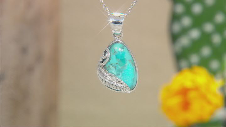 Blue Turquoise Leaf Design Rhodium Over Sterling Silver Enhancer with Chain Video Thumbnail