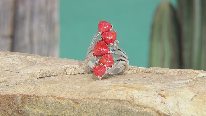 Red Sponge Coral Rhodium Over Sterling Silver Cluster Heart Ring Video Thumbnail