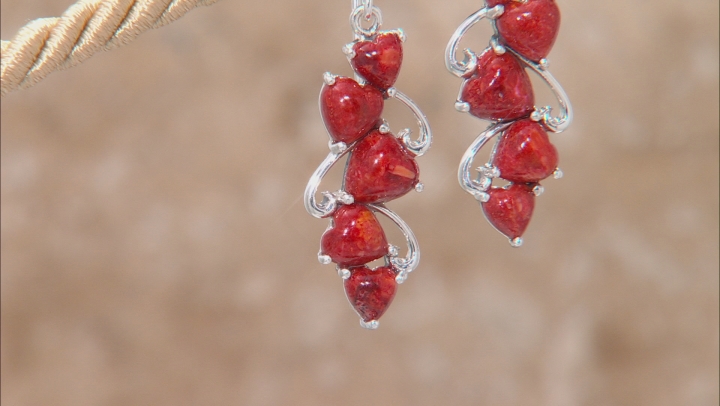 Red Sponge Coral Rhodium Over Sterling Silver Cluster Heart Earrings Video Thumbnail