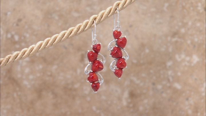 Red Sponge Coral Rhodium Over Sterling Silver Cluster Heart Earrings Video Thumbnail