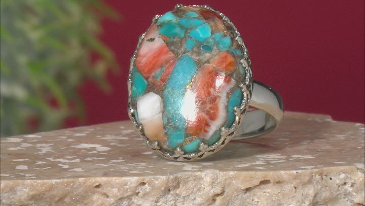 Blended Spiny Oyster Shell and Turquoise Sterling Silver Ring Video Thumbnail