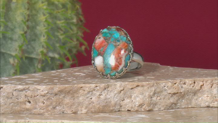 Blended Spiny Oyster Shell and Turquoise Sterling Silver Ring Video Thumbnail