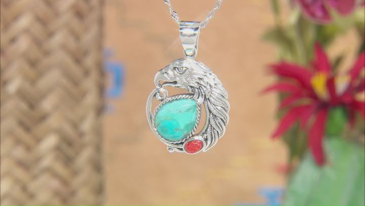 Blue Turquoise and Red Sponge Coral Rhodium Over Silver Eagle Enhancer with Chain Video Thumbnail