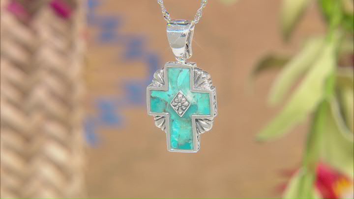 Blue Turquoise Rhodium Over Sterling Silver Cross Enhancer with Chain Video Thumbnail