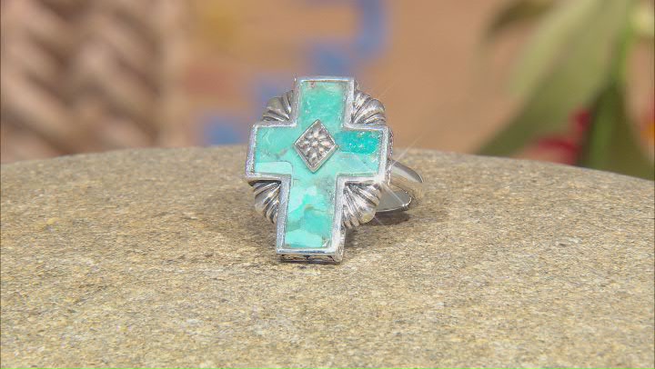 Blue Turquoise Rhodium Over Sterling Silver Cross Ring Video Thumbnail
