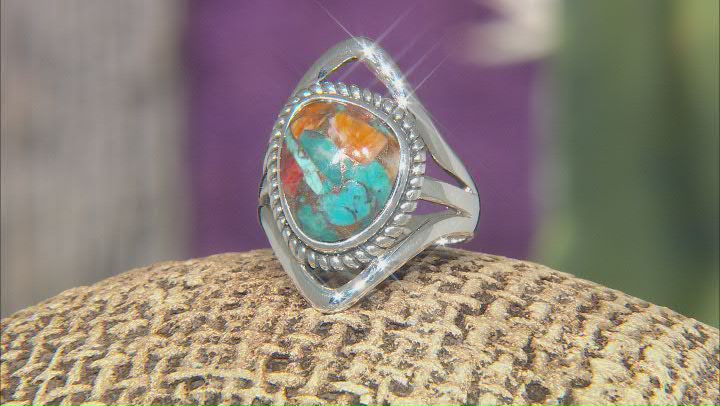 Blended Turquoise and Spiny Oyster Shell Rhodium Over Silver Ring Video Thumbnail