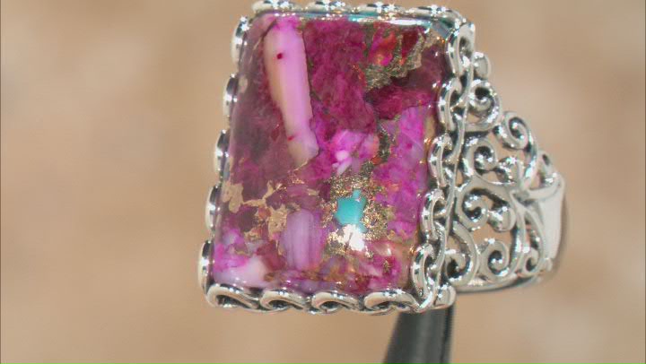 Blended Turquoise and Purple Spiny Oyster Shell Rhodium Over Sterling Silver Ring Video Thumbnail