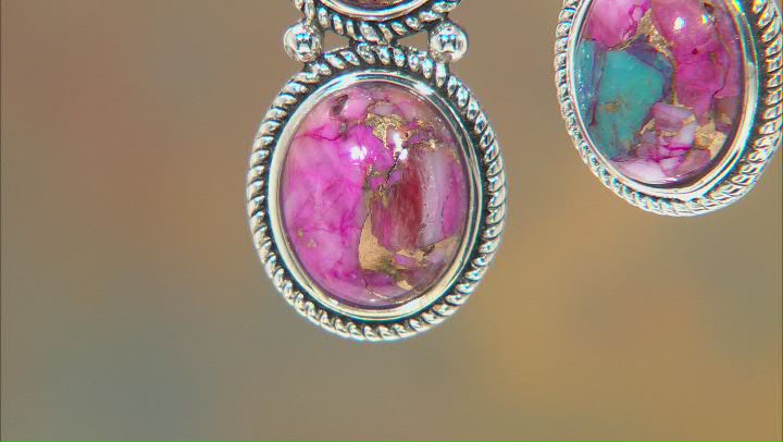Blended Turquoise and Purple Spiny Oyster Shell Rhodium Over Silver 3-Stone Earrings Video Thumbnail