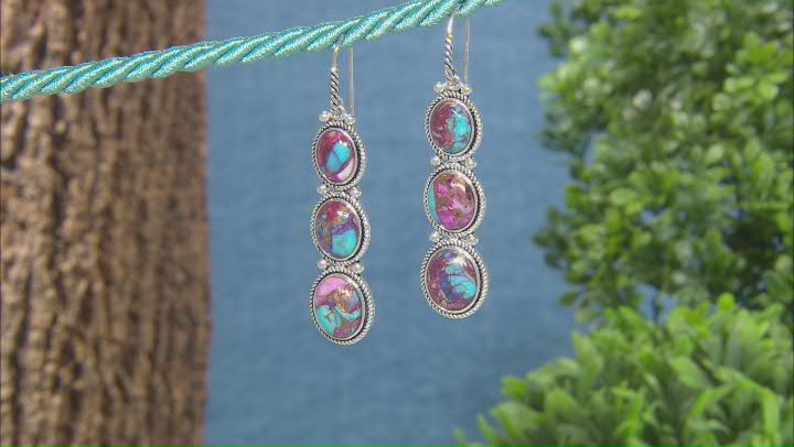Blended Turquoise and Purple Spiny Oyster Shell Rhodium Over Silver 3-Stone Earrings Video Thumbnail