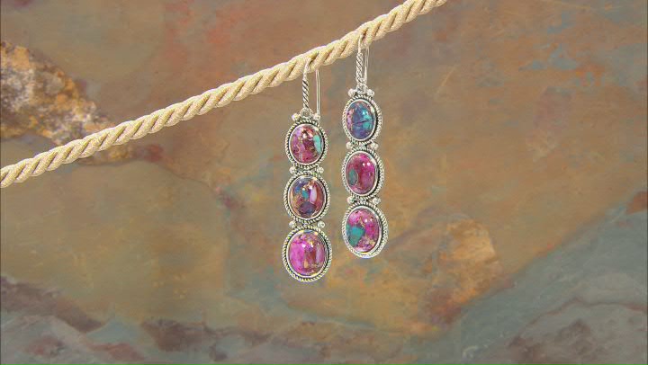 Blended Turquoise and Purple Spiny Oyster Shell Rhodium Over Silver 3-Stone Earrings Video Thumbnail