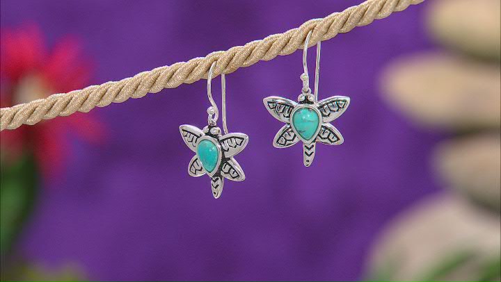 Blue Turquoise Rhodium Over Sterling Silver Dragonfly Earrings Video Thumbnail