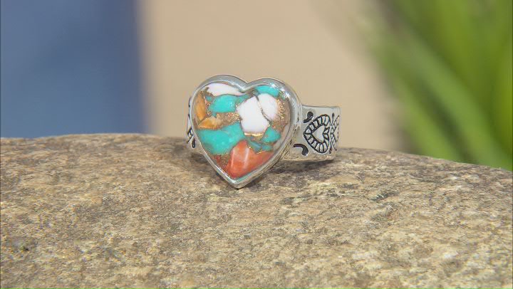 Blended Turquoise and Spiny Oyster Shell Sterling Silver Heart Ring Video Thumbnail