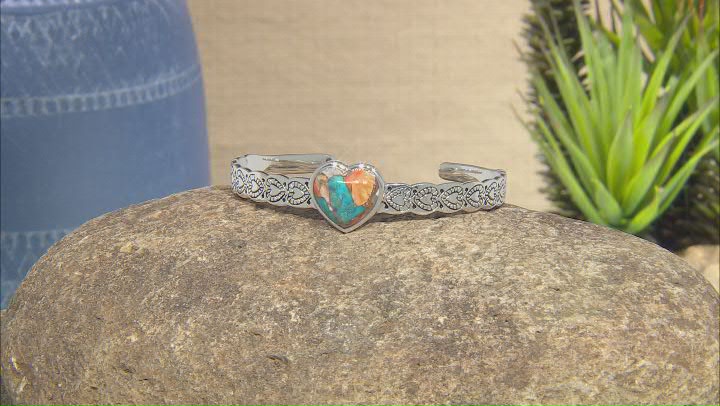 Blended Turquoise and Spiny Oyster Shell Rhodium Over Sterling Silver Heart Cuff Bracelet Video Thumbnail