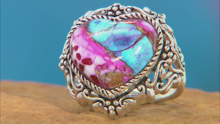 Blended Turquoise and Purple Spiny Oyster Shell Rhodium Over Silver Ring Video Thumbnail
