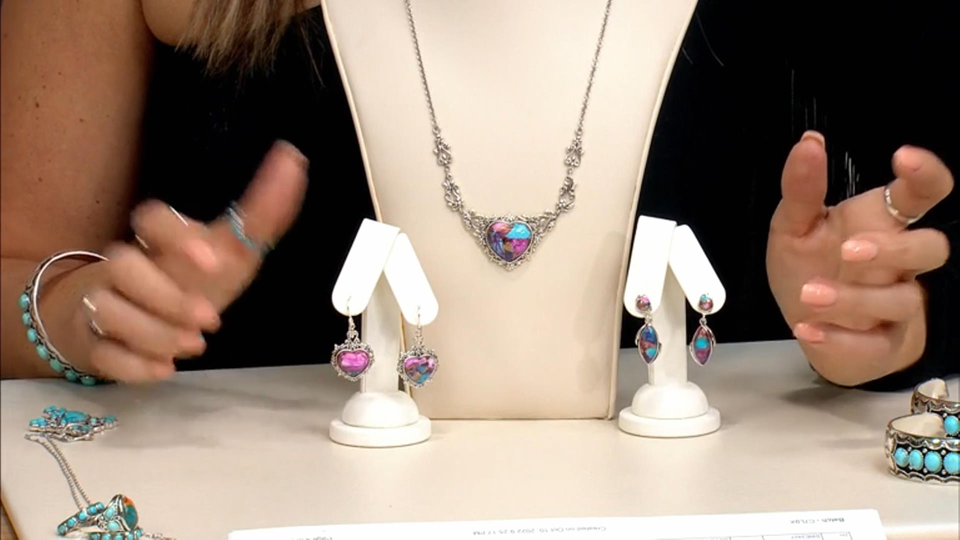 Blended Turquoise and Purple Spiny Oyster Shell Rhodium Over Silver Heart Dangle Earring Video Thumbnail