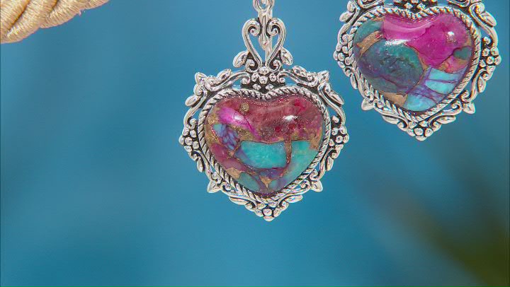 Blended Turquoise and Purple Spiny Oyster Shell Rhodium Over Silver Heart Dangle Earring Video Thumbnail
