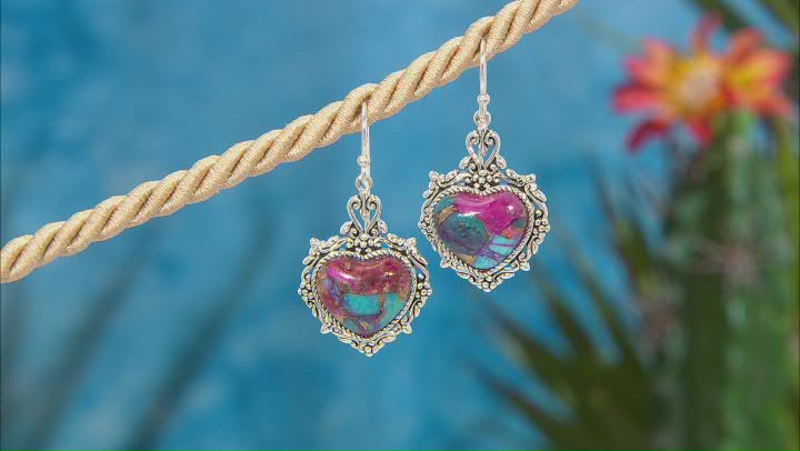 Blended Turquoise and Purple Spiny Oyster Shell Rhodium Over Silver Heart Dangle Earring Video Thumbnail