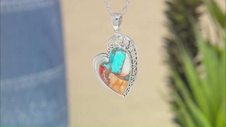 Blended Turquoise and Spiny Oyster Shell Rhodium Over Silver Heart Pendant with Chain Video Thumbnail