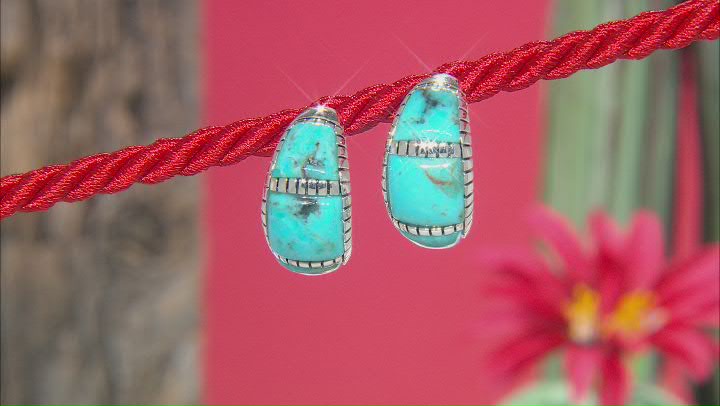 Blue Turquoise Rhodium Over Sterling Silver Inlay J-Hoop Earrings Video Thumbnail