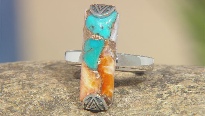 Blended Turquoise and Orange Spiny Oyster Shell Rhodium Over Silver Ring