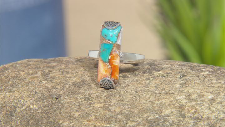 Blended Turquoise and Orange Spiny Oyster Shell Rhodium Over Silver Ring