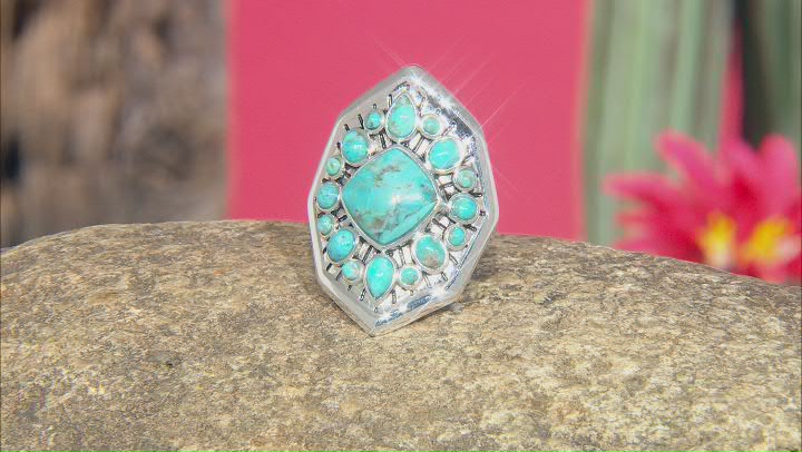 Blue Turquoise Rhodium Over Silver Center Design Ring Video Thumbnail