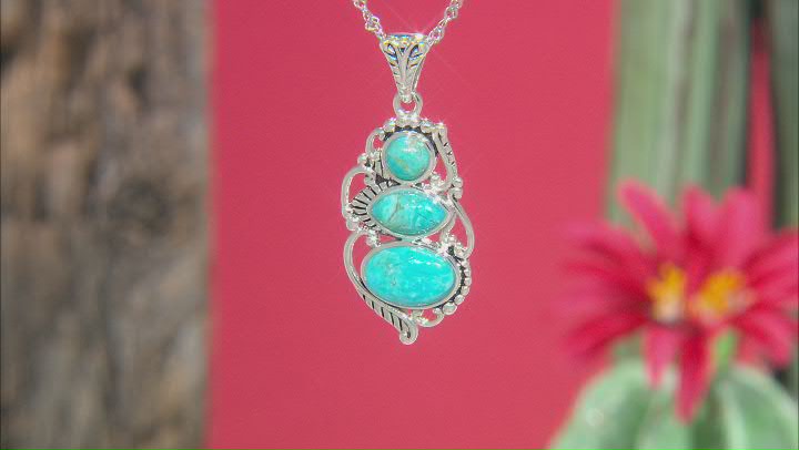 Blue Turquoise Rhodium Over Sterling Silver 3-Stone Pendant with Chain Video Thumbnail