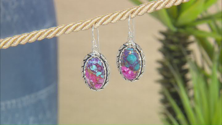 Blended Turquoise and Purple Spiny Oyster Shell Rhodium Over Silver Earrings Video Thumbnail