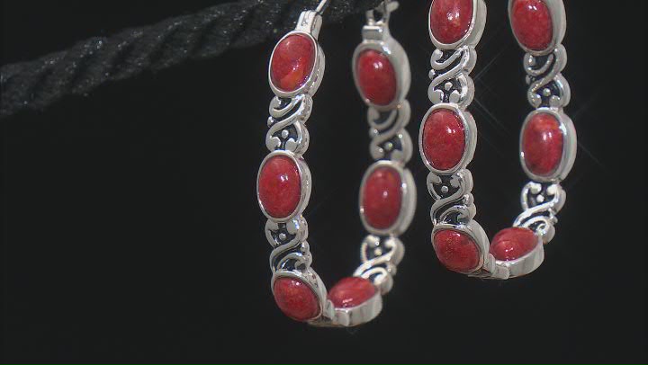 Oval Cabochon Red Sponge Coral Rhodium Over Sterling Silver Inside- Out Hoop Earrings Video Thumbnail