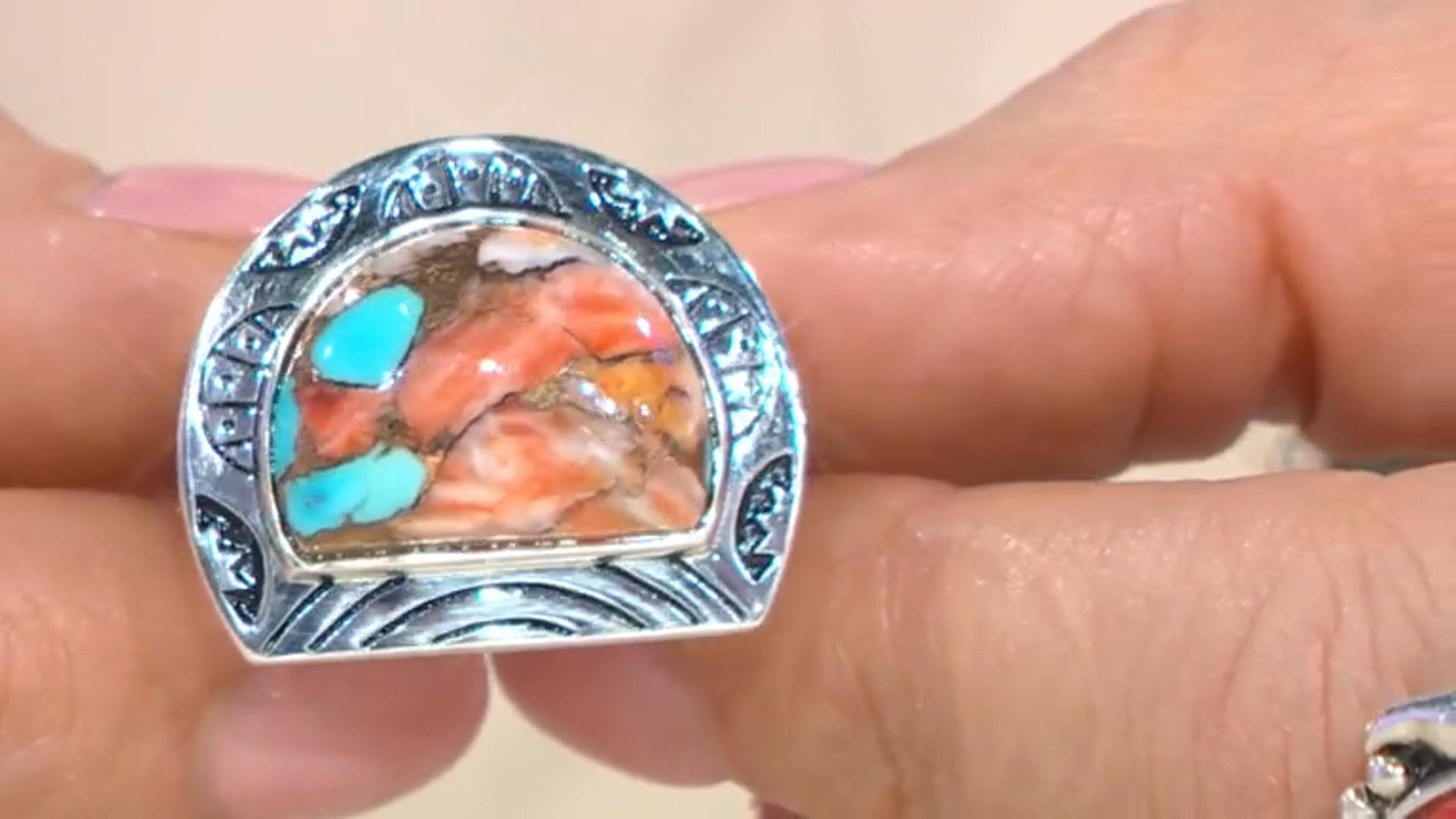 Blended Composite Turquoise and Spiny Oyster Shell Rhodium Over Sterling Silver Ring Video Thumbnail