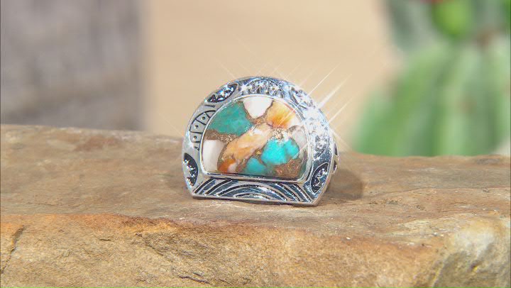 Blended Composite Turquoise and Spiny Oyster Shell Rhodium Over Sterling Silver Ring Video Thumbnail