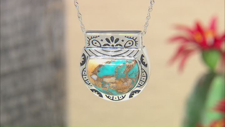 Blended Composite Turquoise and Spiny Oyster Rhodium Over Silver Pendant with Chain Video Thumbnail